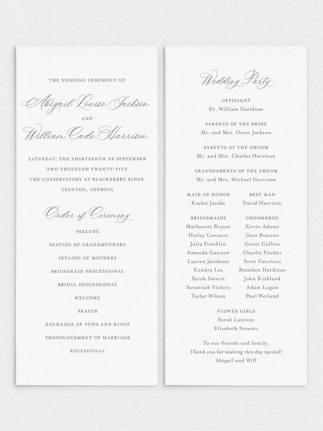 Abigail Flat Ceremony Program