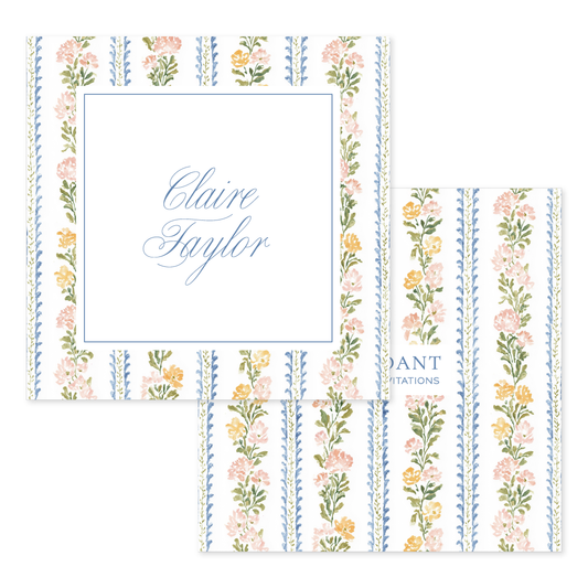 Calling card with pink and orange watercolor floral and blue stripe design on white paper and personalized script name