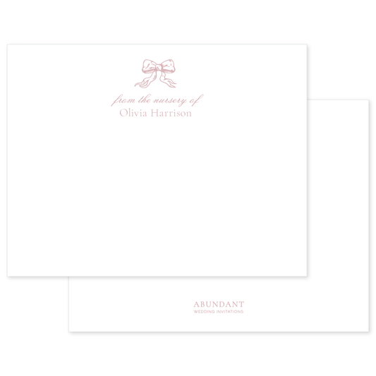 Elegant flat notecard featuring a soft pink bow illustration and personalized nursery text with a classic, timeless design.
