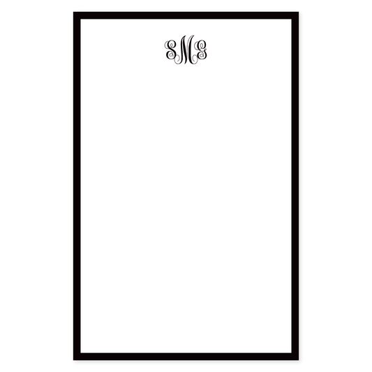 Elegant notepad featuring a classic black border and personalized monogram initials at the top, ideal for timeless stationery needs.