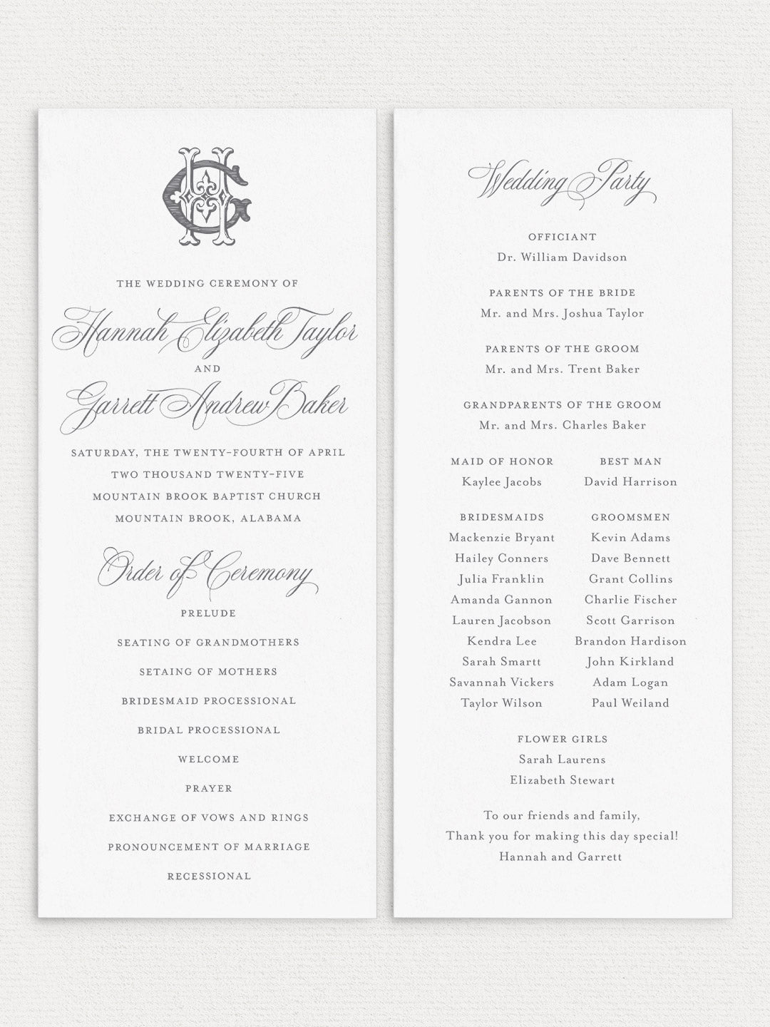 Hannah Flat Ceremony Program