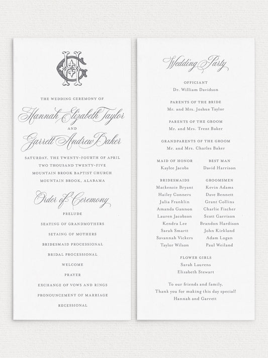 Elegant flat wedding ceremony program with classic calligraphy featuring event details and wedding party names on a clean white background.