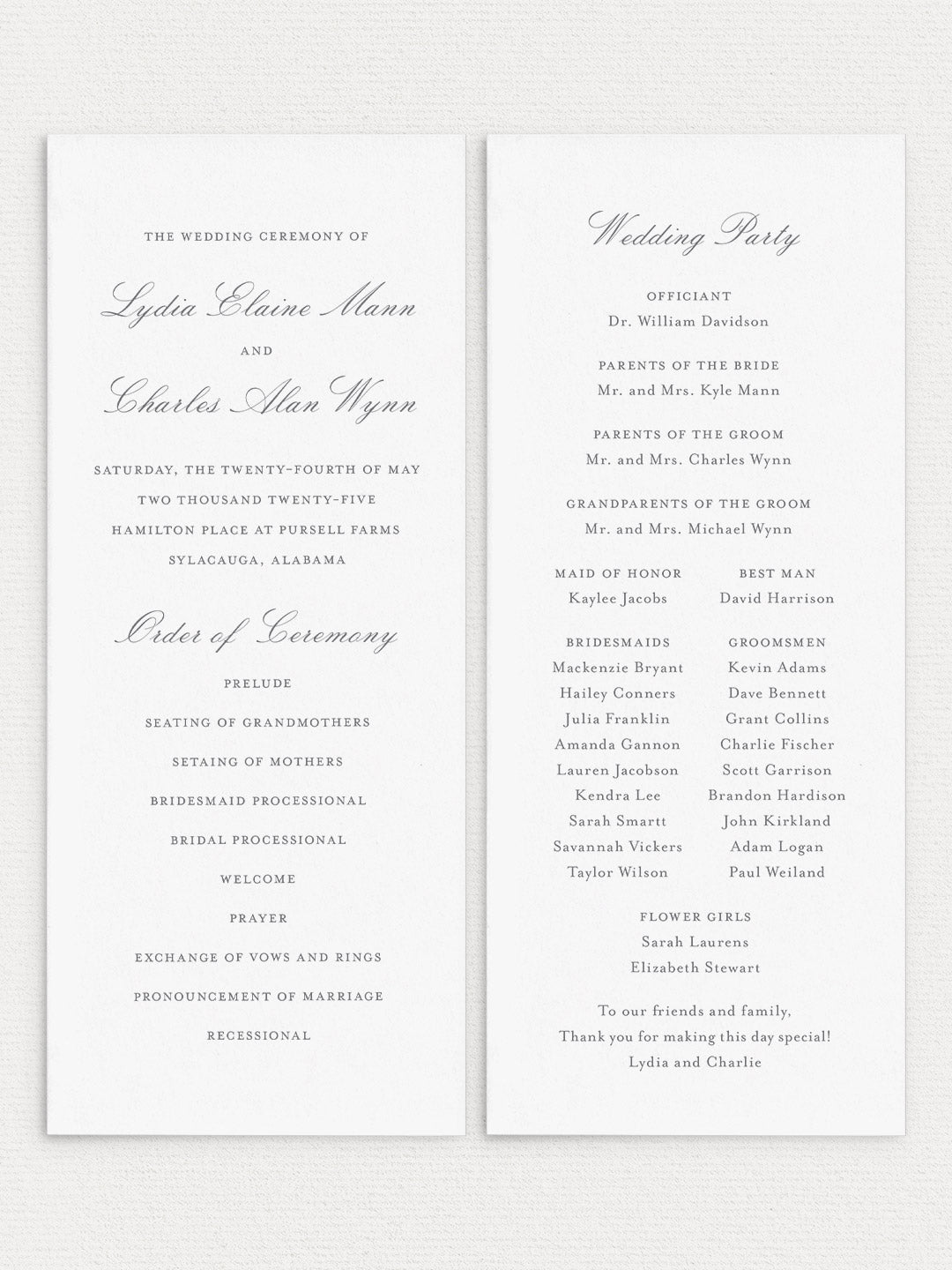 Lydia Flat Ceremony Program