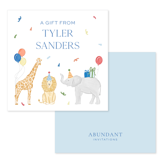 Colorful personalized calling card featuring playful watercolor illustrations of a giraffe, lion, and elephant with balloons and party decorations.