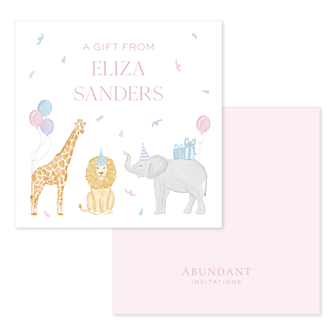 Square pink calling card featuring cute illustrated party animals—a giraffe, lion, and elephant with balloons and gifts—personalized gift message.