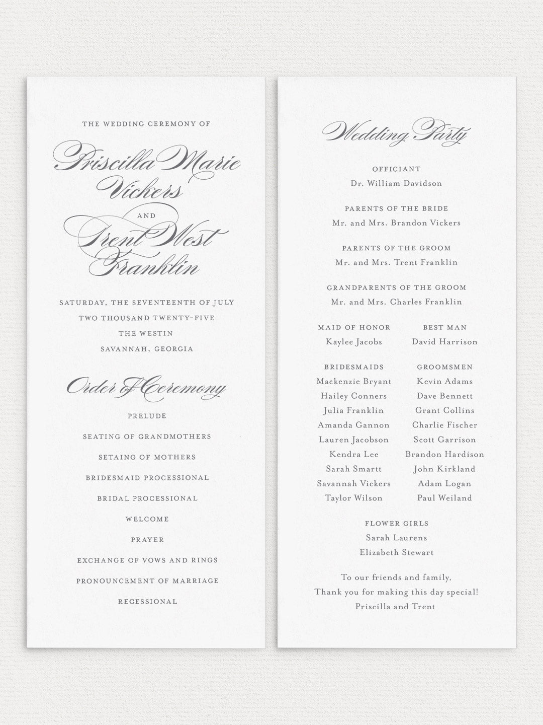 Priscilla Flat Ceremony Program