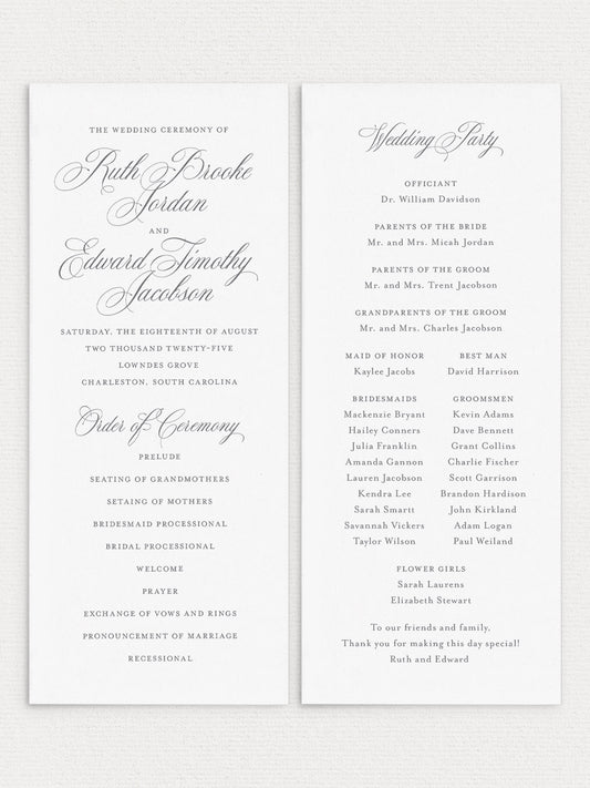 Elegant flat wedding ceremony program with classic script and serif fonts listing event details and wedding party roles on white background.