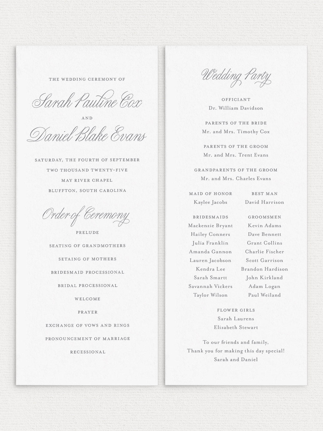 Sarah Flat Ceremony Program