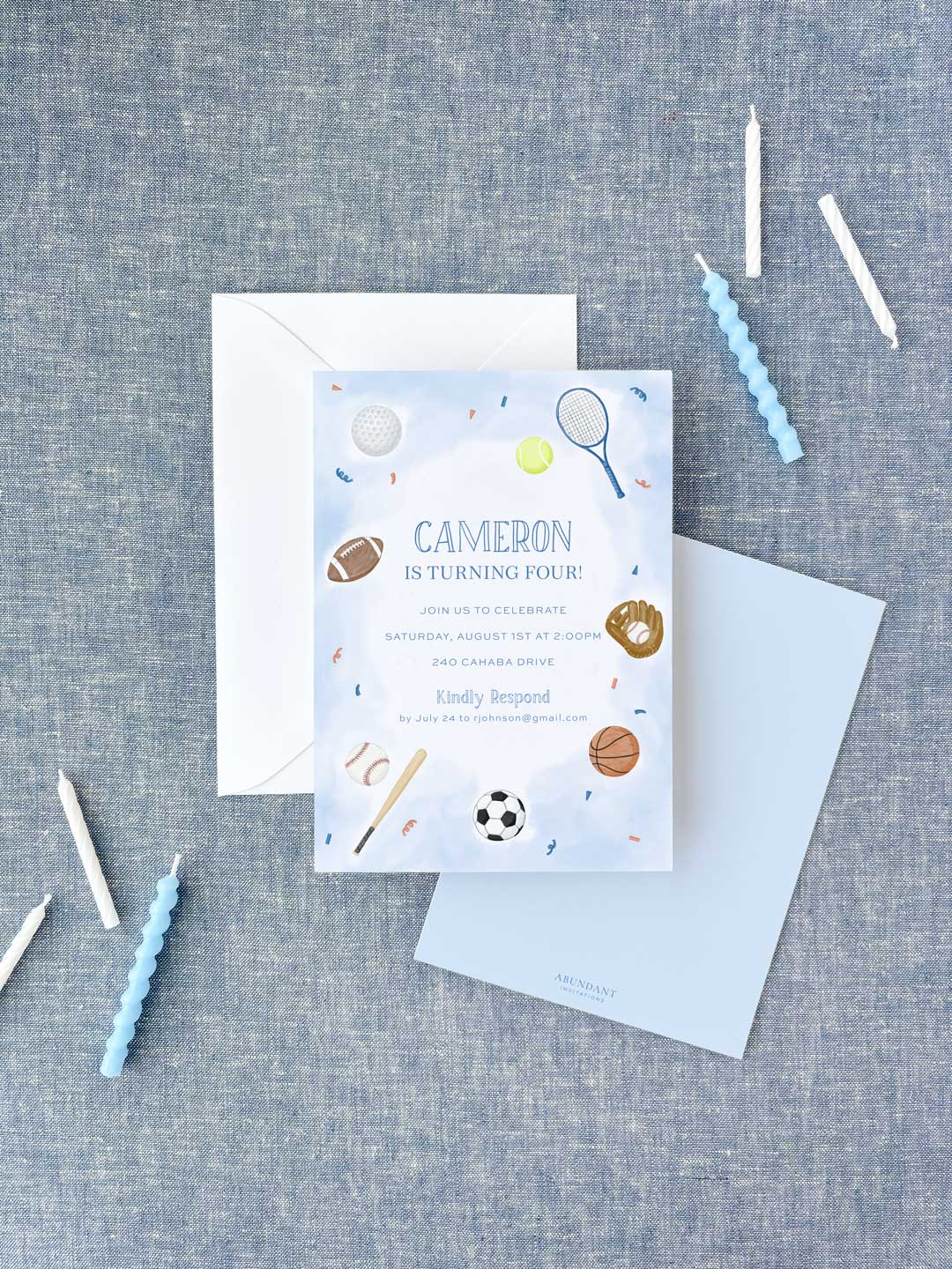 Birthday invitation with sports-themed icons such as tennis, baseball, football, basketball, and soccer on a blue background