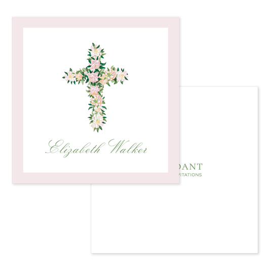 Square calling card with a pink floral cross and elegant green script name on a soft pink border background.