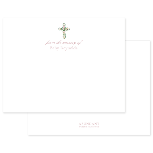 Personalized nursery notecard featuring a delicate watercolor cross design with elegant script, ideal for baby announcements and keepsakes.