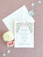 Baby shower invitation with pink floral ribbon design and personalized green script on textured pink background