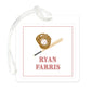 Clear rectangular bag tag featuring a baseball glove, bat, and personalized name in red text with a simple red border.