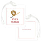 Square bag tag with baseball glove and bat illustration, personalized with a name on one side and a phone number on the other, featuring a clear strap for attachment.