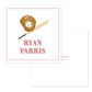 Baseball glove holding a ball above a bat with personalized name in vintage lettering on a calling card design.