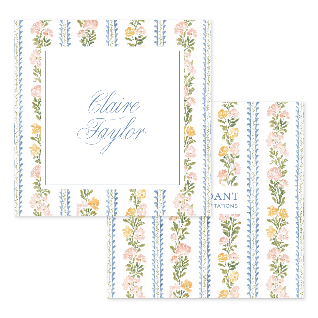 Calling card with pink and orange watercolor floral and blue stripe design on white paper and personalized script name