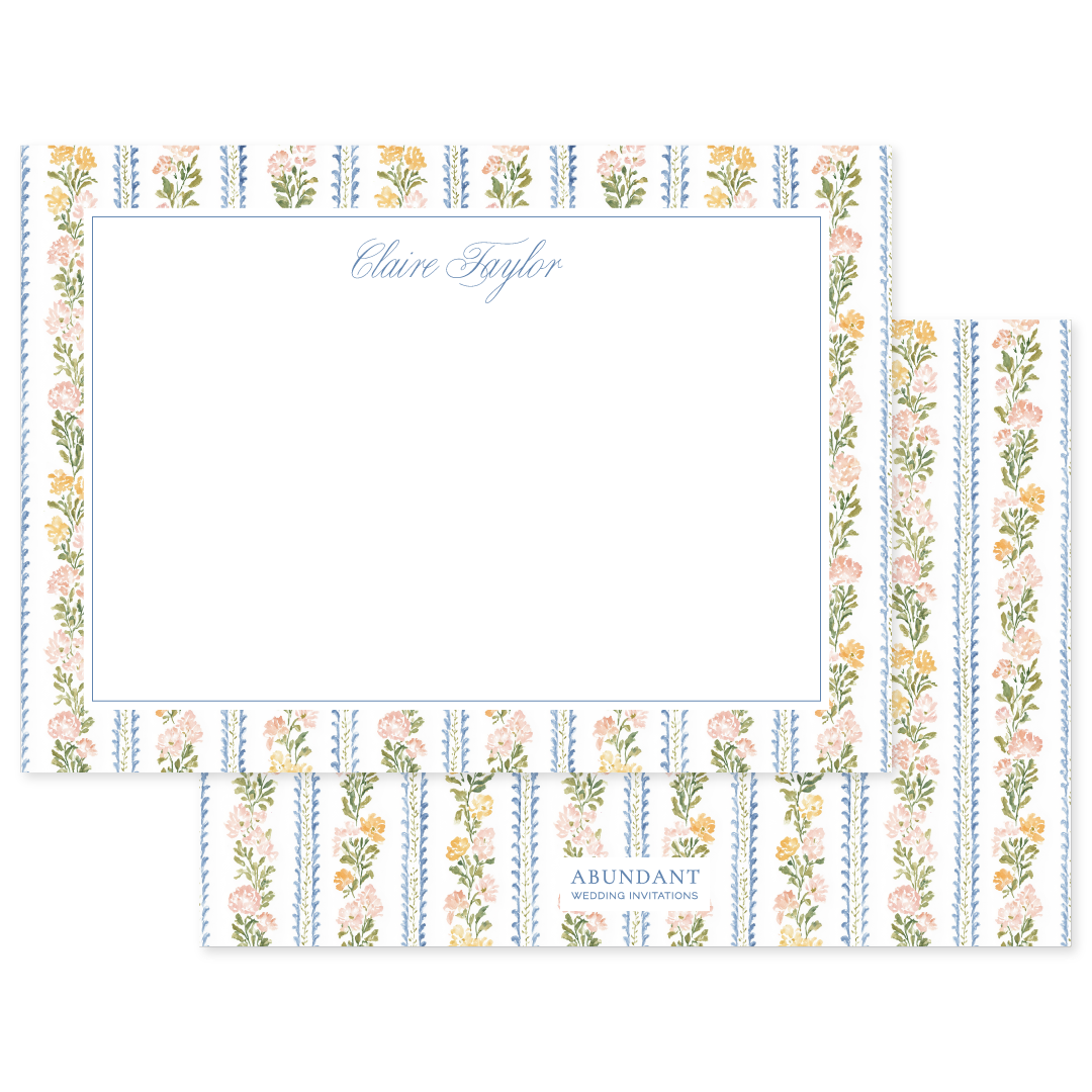 Personalized notecard with delicate floral stripes in soft pastel colors and elegant blue script name