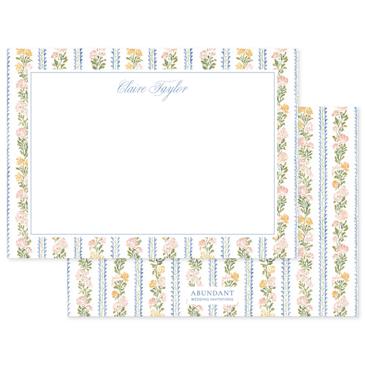 Personalized notecard with delicate floral stripes in soft pastel colors and elegant blue script name