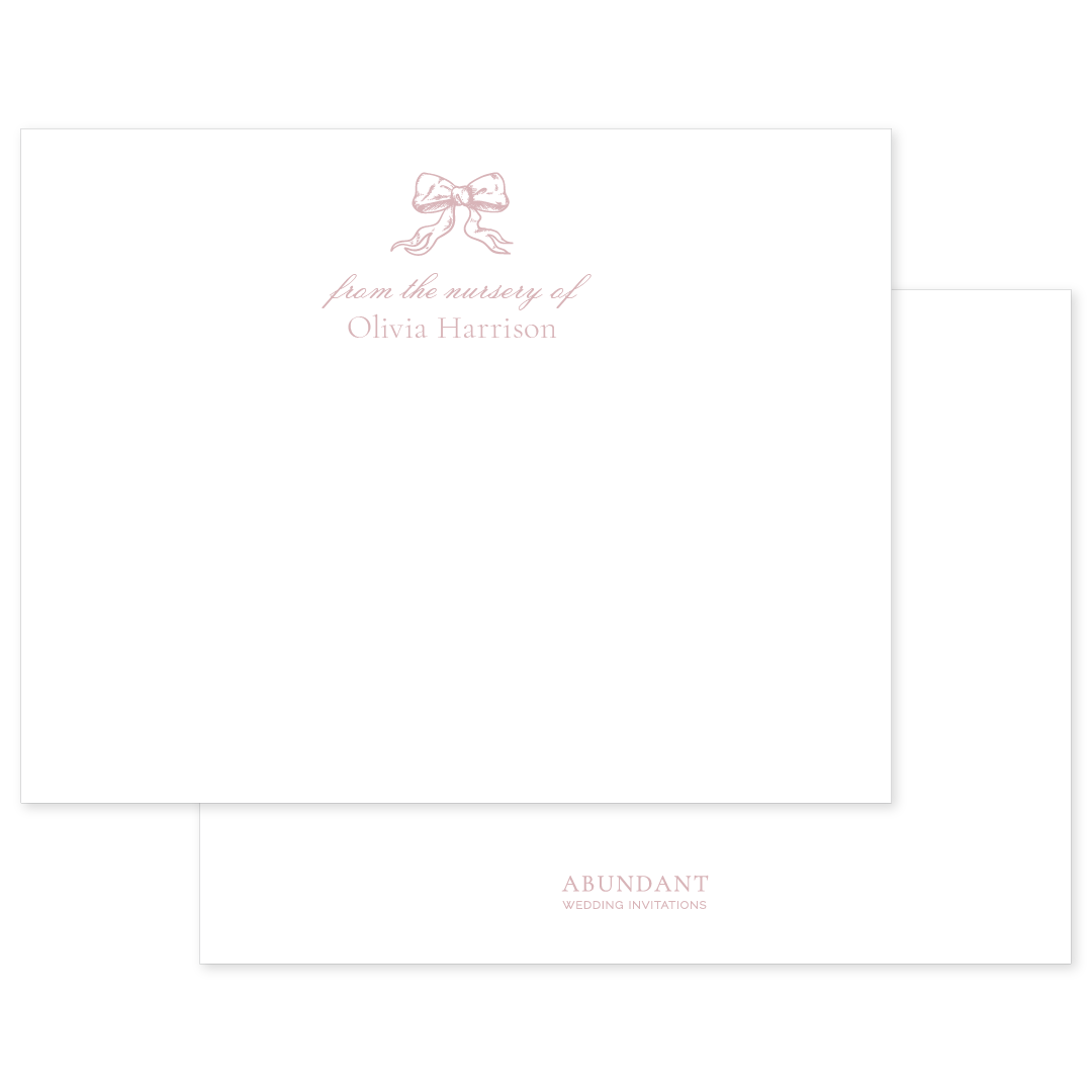 Elegant flat notecard featuring a soft pink bow illustration and personalized nursery text with a classic, timeless design.