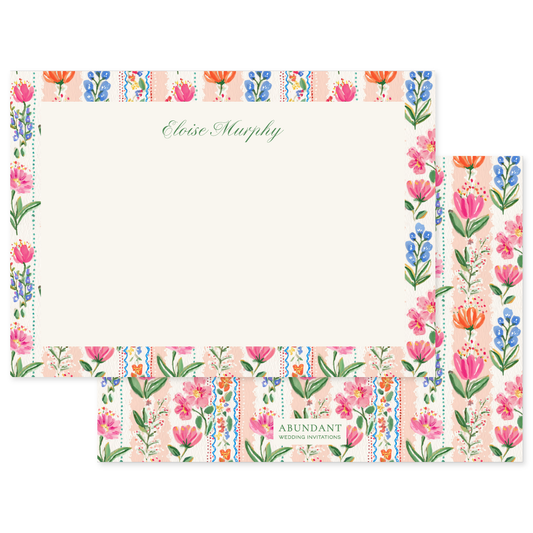 Bright flower flat notecard stationery with green script name