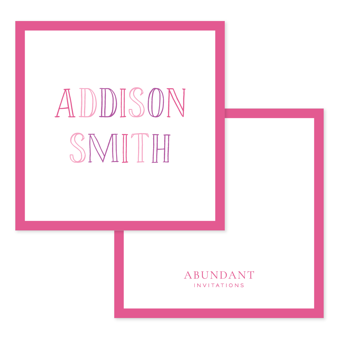 Personalized pink bordered calling card featuring stylish, chalkboard-inspired letters with a timeless and elegant design for special occasions.