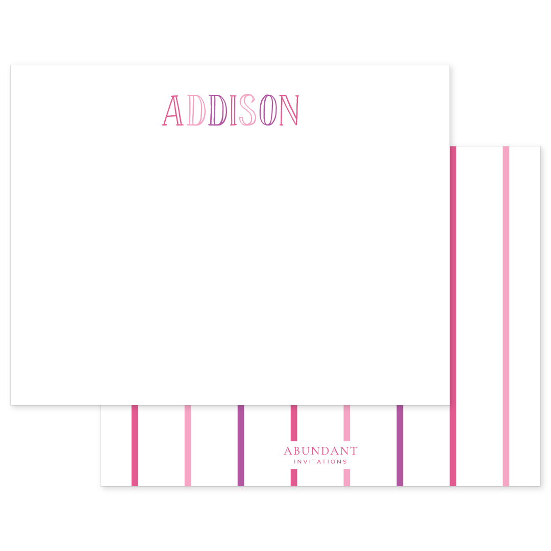 White flat notecard featuring personalized pink chalkboard-style lettering at the top and a striped pink pattern on the back with a subtle logo.