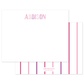 White flat notecard featuring personalized pink chalkboard-style lettering at the top and a striped pink pattern on the back with a subtle logo.