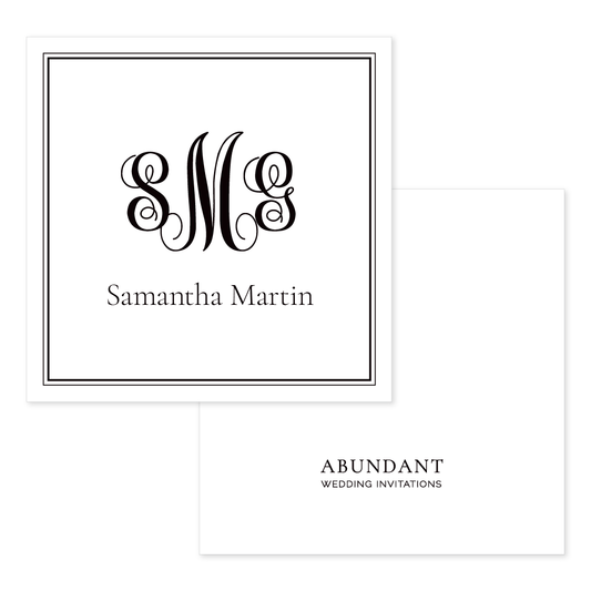 Elegant personalized black and white calling card featuring classic monogram initials and clean serif font for a timeless look.