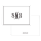 Elegant folded notecard featuring a classic black monogram design on a white background with a thin black border, personalized stationery ideal for weddings or events.