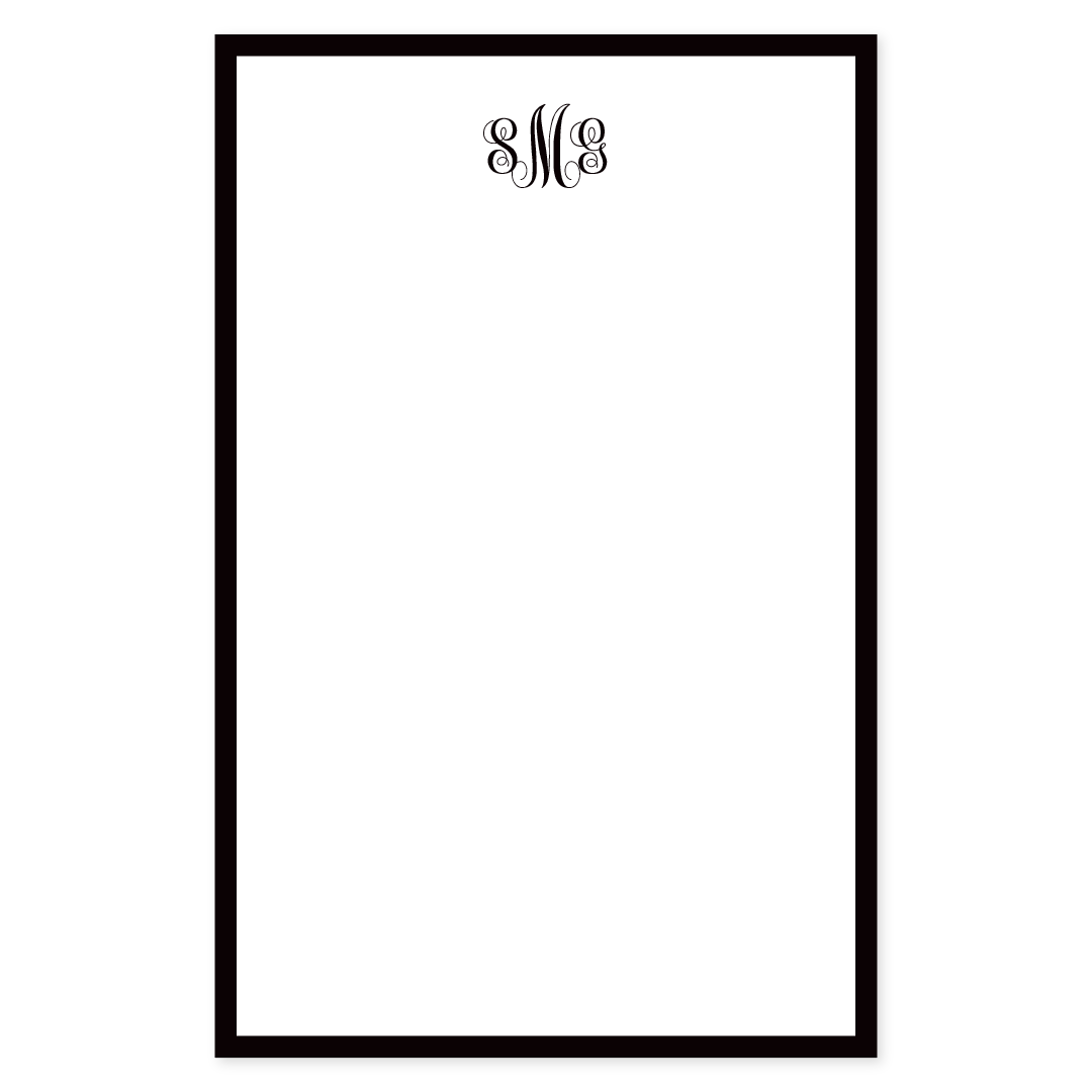 Elegant notepad featuring a classic black border and personalized monogram initials at the top, ideal for timeless stationery needs.