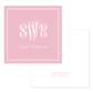 Square blush pink calling card with elegant white script monogram and personalized name, paired with a white envelope featuring subtle blush branding.