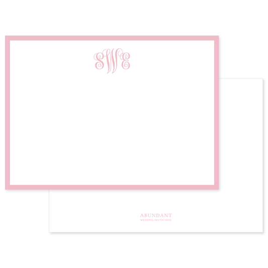 Elegant flat notecard with a soft blush border and delicate monogram initials, perfect for timeless personalized stationery.