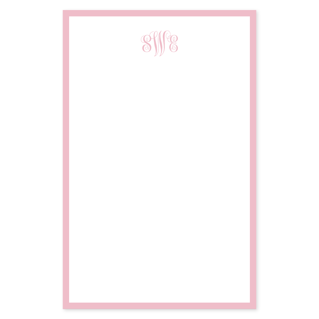 Notepad page with a soft blush pink border and a delicate monogram design at the top, offering a timeless and elegant style for personalized stationery.