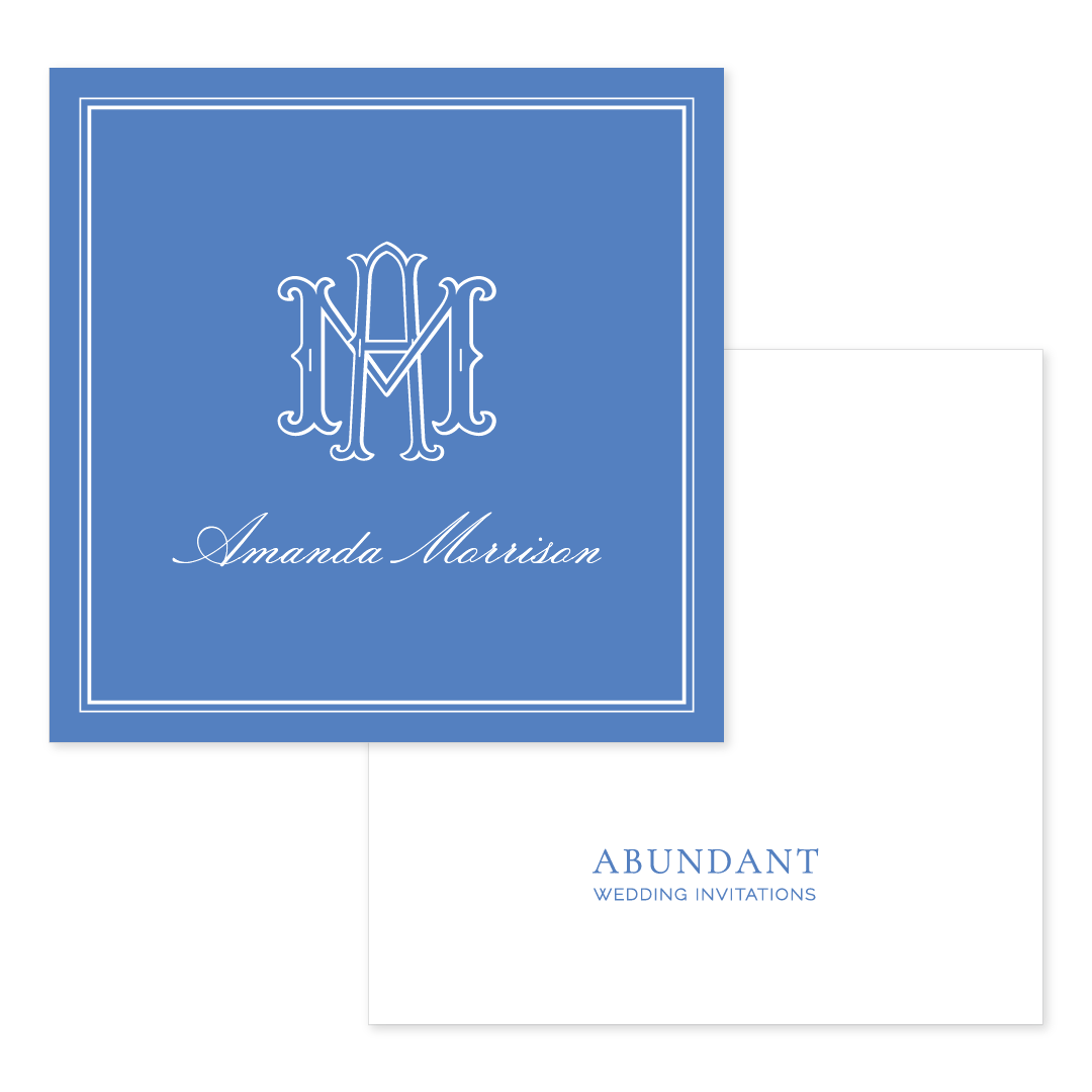 Elegant personalized calling card featuring a classic monogram and name in white on a cobalt blue background with a simple border design.