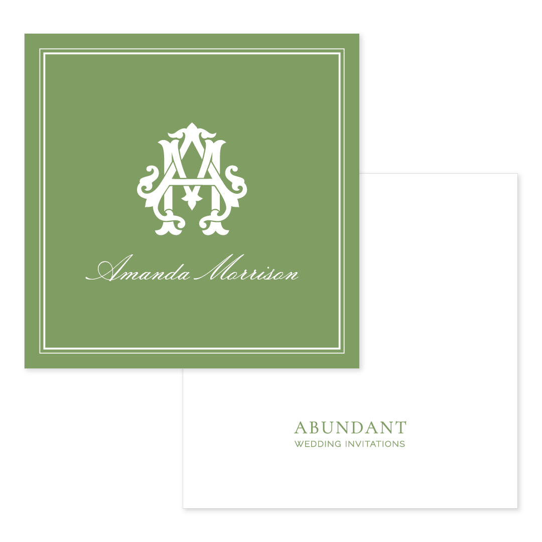 Square personalized calling card featuring elegant white monogram and cursive name on a classic green background, paired with a clean white card displaying subtle green branding text.
