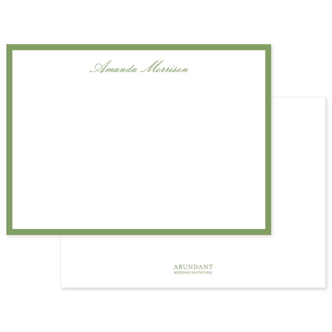 Personalized flat notecard with a classic green border and elegant script name, ideal for timeless stationery and special occasions.
