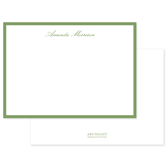 Personalized flat notecard with a classic green border and elegant script name, ideal for timeless stationery and special occasions.