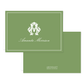 Folded green notecard with elegant white monogram and cursive name on front, simple matching back featuring subtle branding.