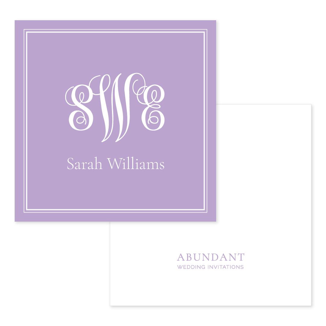 Square lavender calling card featuring elegant white monogram initials and a classic double-line border with personalized name below.