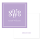 Square lavender calling card featuring elegant white monogram initials and a classic double-line border with personalized name below.