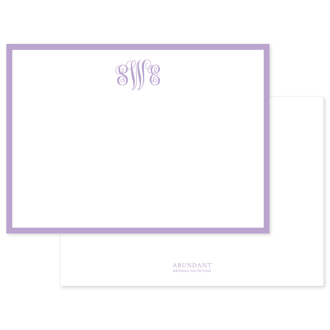 Elegant personalized flat notecard with a soft lavender border and monogram, featuring classic timeless stationery design.