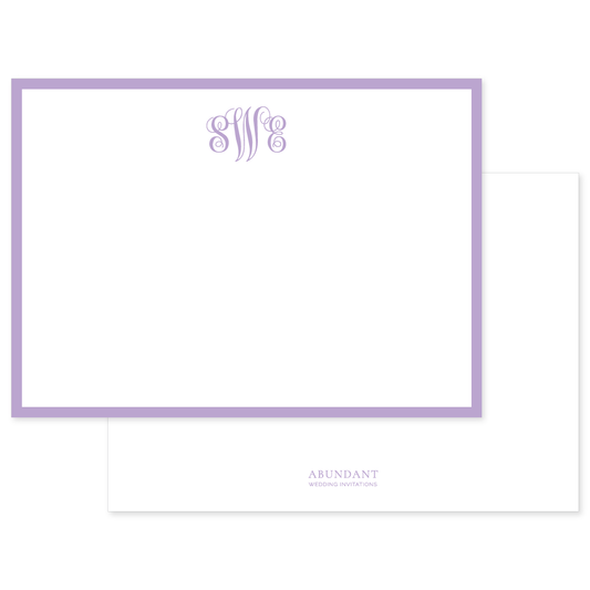 Elegant personalized flat notecard with a soft lavender border and monogram, featuring classic timeless stationery design.