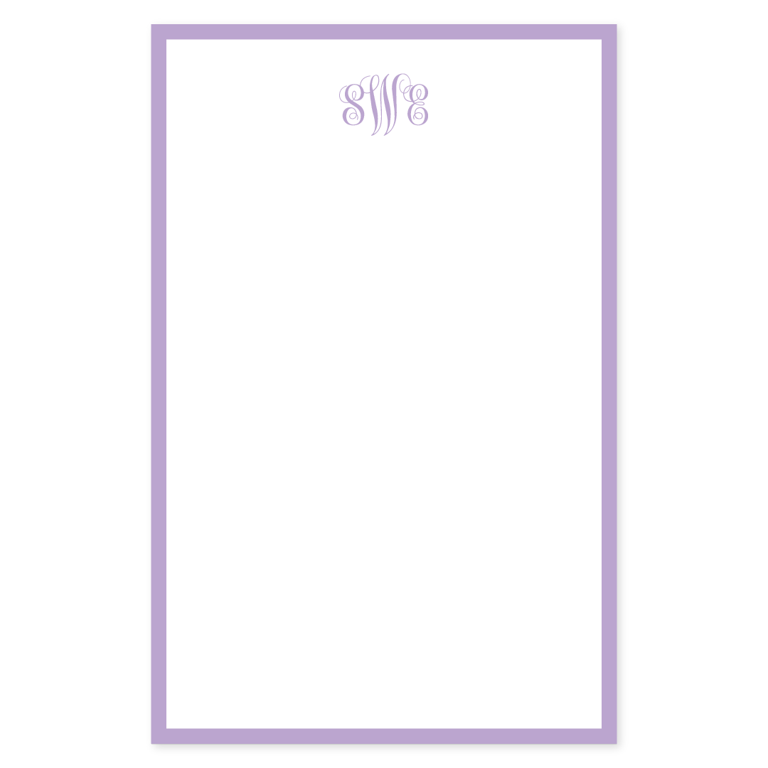 Notepad featuring a classic lavender border with elegant personalized monogram lettering at the top, offering timeless stationery for special occasions.