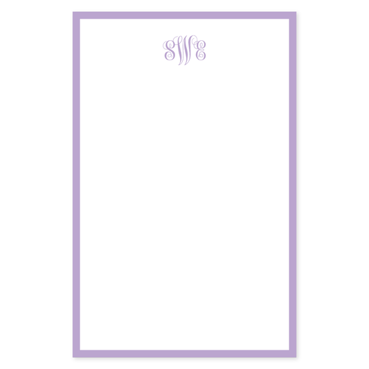 Notepad featuring a classic lavender border with elegant personalized monogram lettering at the top, offering timeless stationery for special occasions.