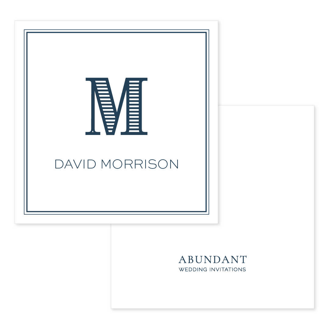 Square navy and white calling card featuring a large striped initial and personalized name with a clean, classic design and double-lined border.
