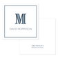 Square navy and white calling card featuring a large striped initial and personalized name with a clean, classic design and double-lined border.