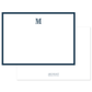 Flat white notecard with a classic navy blue border and a bold navy monogram letter M at the top center, personalized stationery design.