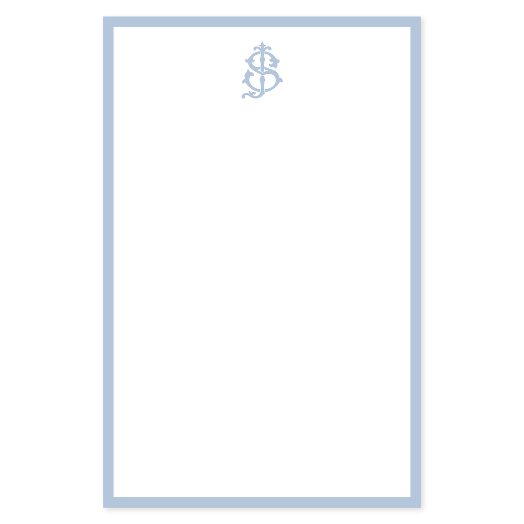 Notepad page with a pale blue border and a matching elegant monogram at the top, perfect for personalized stationery or timeless event notes.