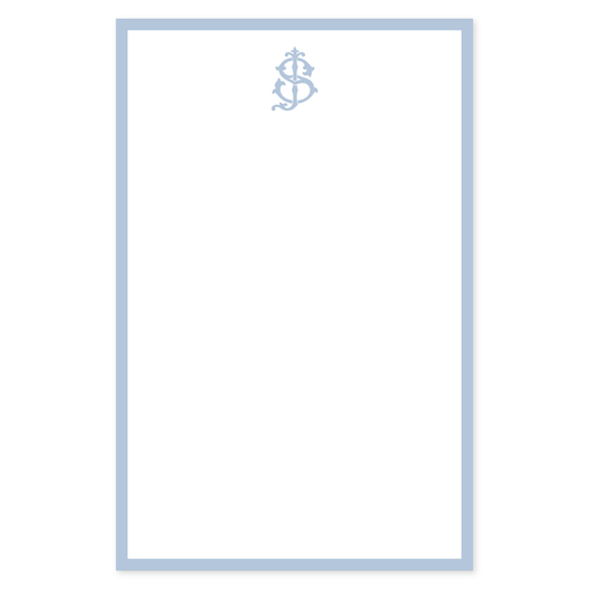 Notepad page with a pale blue border and a matching elegant monogram at the top, perfect for personalized stationery or timeless event notes.