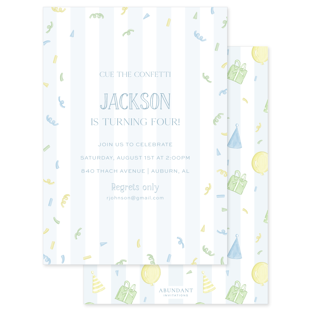Birthday invitation with blue accents, confetti, balloons, party hats, and gift illustrations on a light background.